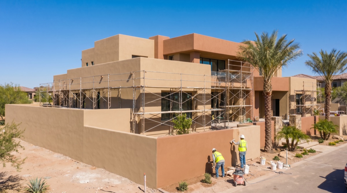 Stucco workers applying finish coat in Scottsdale