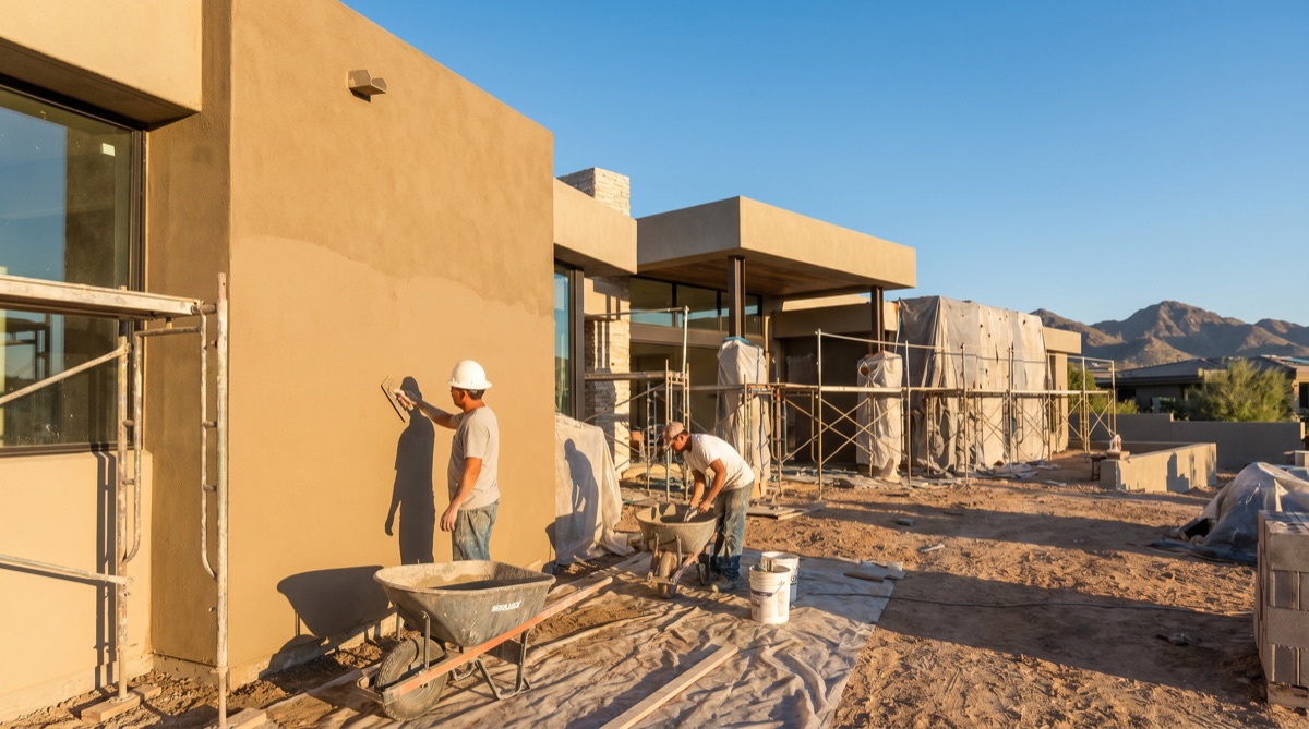 Stucco application at golden hour in Scottsdale